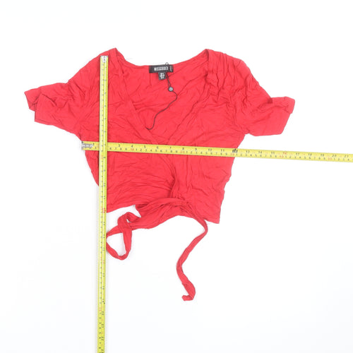 Missguided Womens Red Wrap Tie Blouse UK 4 V-Neck Short Sleeve Top