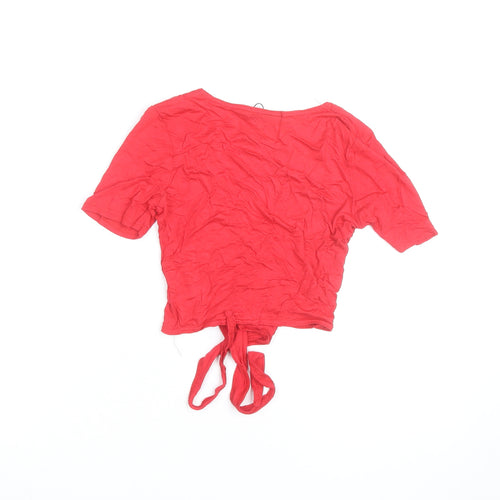 Missguided Womens Red Wrap Tie Blouse UK 4 V-Neck Short Sleeve Top