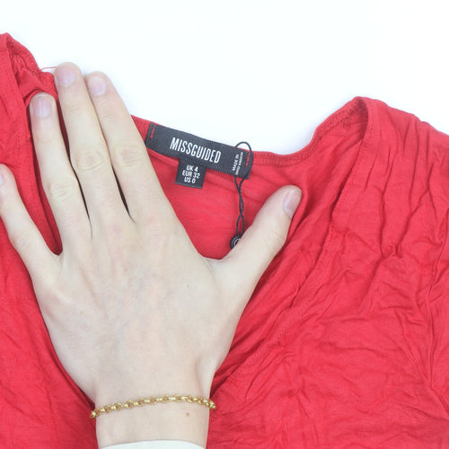 Missguided Womens Red Wrap Tie Blouse UK 4 V-Neck Short Sleeve Top