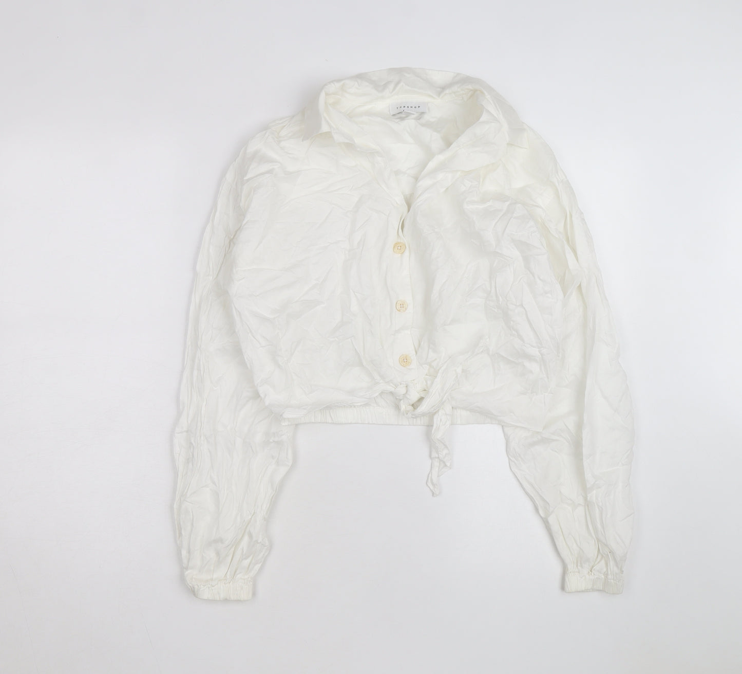Topshop Women White Cropped Button-Up Long Sleeve Shirt Size 10