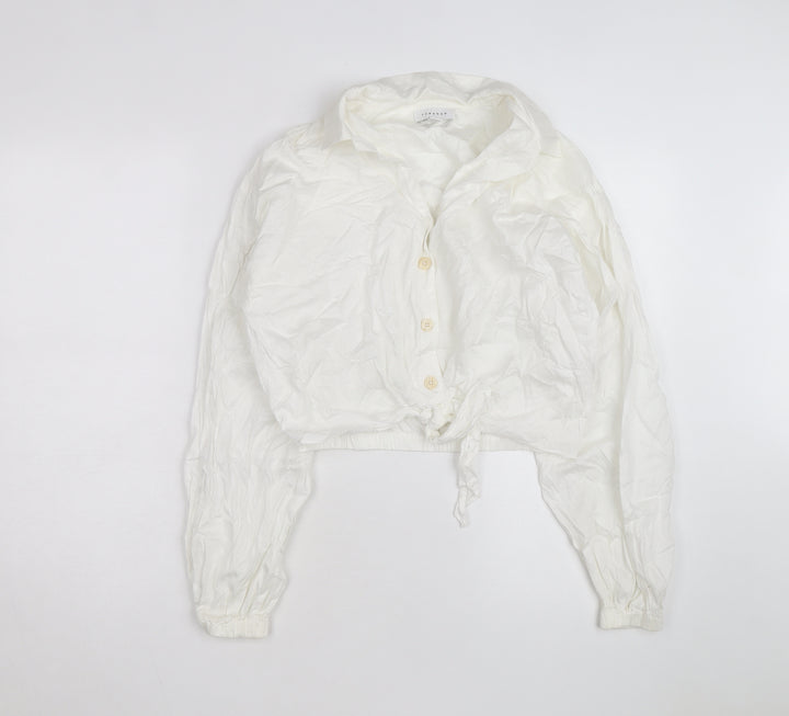 Topshop Women White Cropped Button-Up Long Sleeve Shirt Size 10