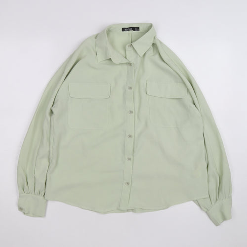 Boohoo Women Green Button-Up Long Sleeve Shirt Size 10