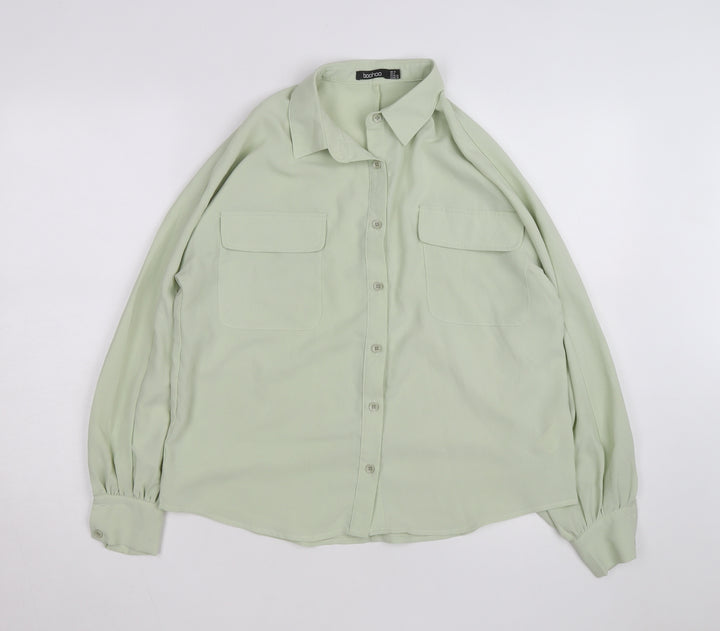 Boohoo Women Green Button-Up Long Sleeve Shirt Size 10