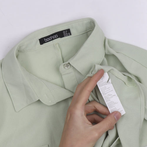 Boohoo Women Green Button-Up Long Sleeve Shirt Size 10