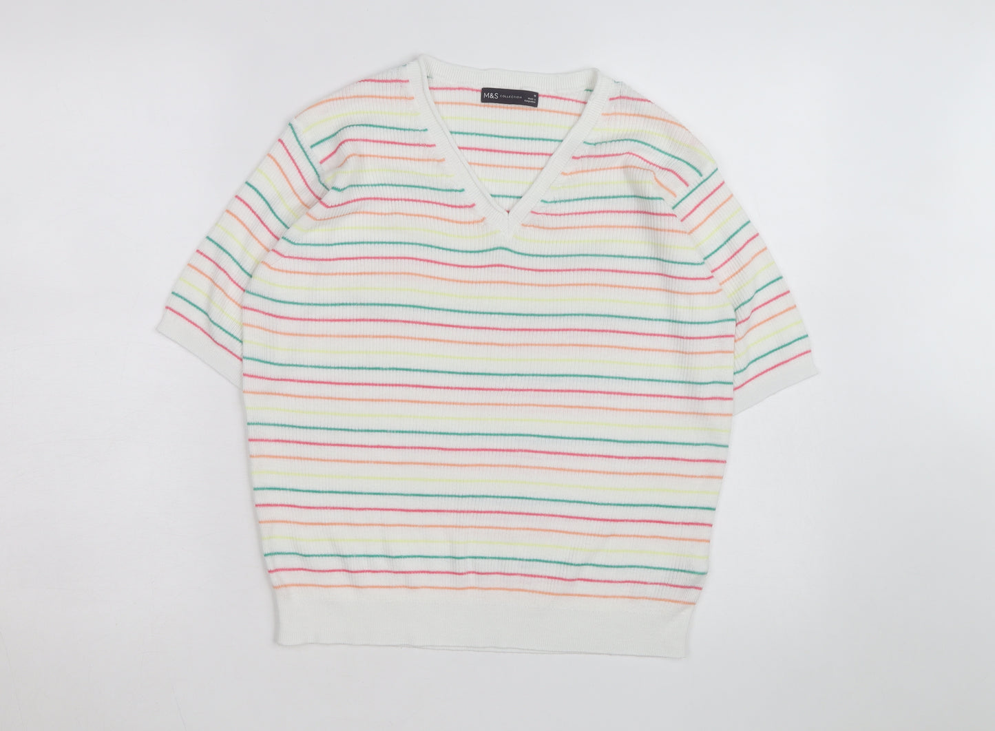 Marks and Spencer Women’s Multicoloured Striped V-Neck Cotton Jumper M