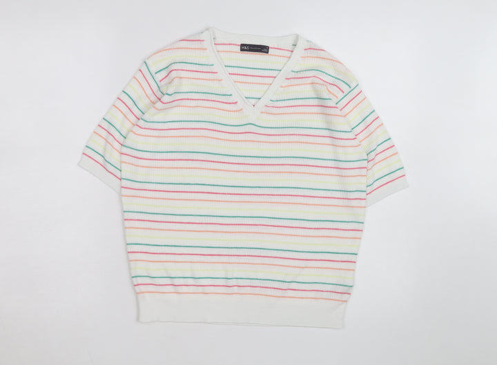 Marks and Spencer Women’s Multicoloured Striped V-Neck Cotton Jumper M