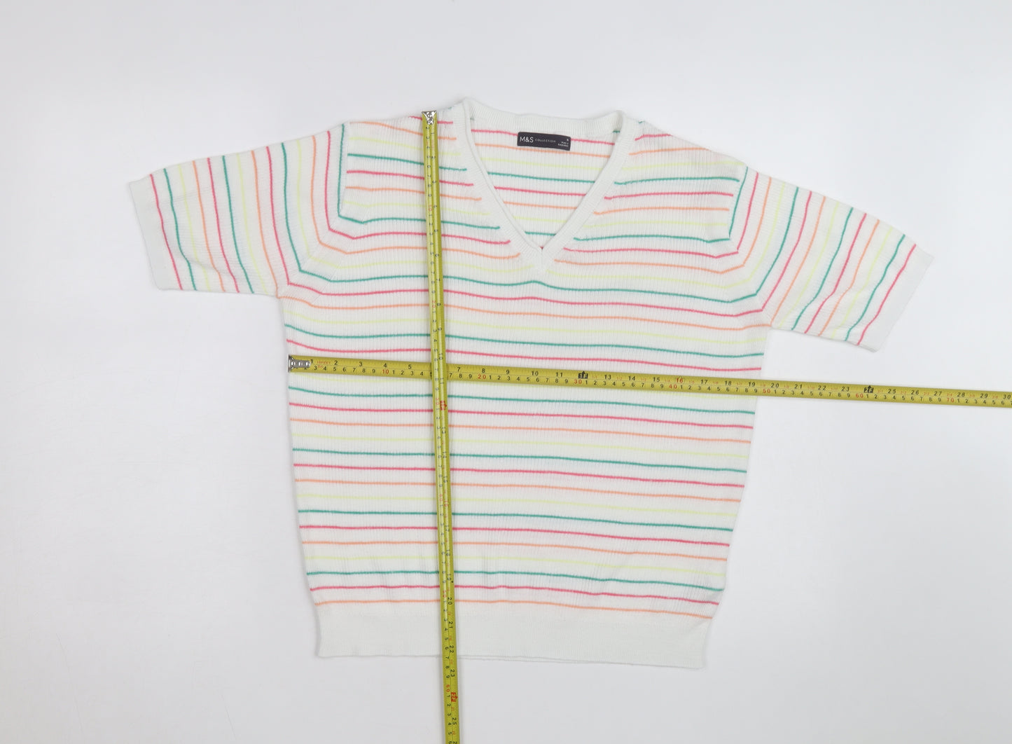 Marks and Spencer Women’s Multicoloured Striped V-Neck Cotton Jumper M