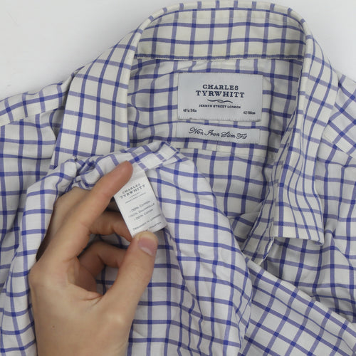Charles Tyrwhitt Men's Blue Check Slim Fit Non-Iron Shirt Size 16.5