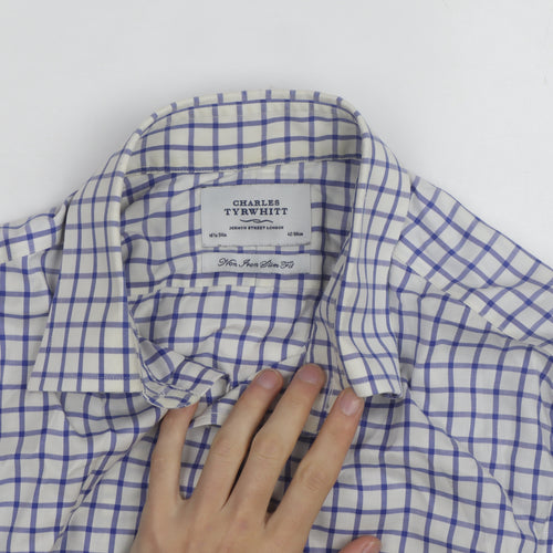 Charles Tyrwhitt Men's Blue Check Slim Fit Non-Iron Shirt Size 16.5