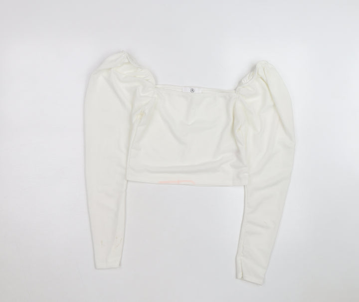 Missguided Women's White Cropped Puff Sleeve Square Neck Blouse Size 10