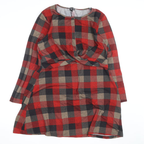 Izabel London Women's Red Check Long Sleeve A-Line Knit Dress Size 18