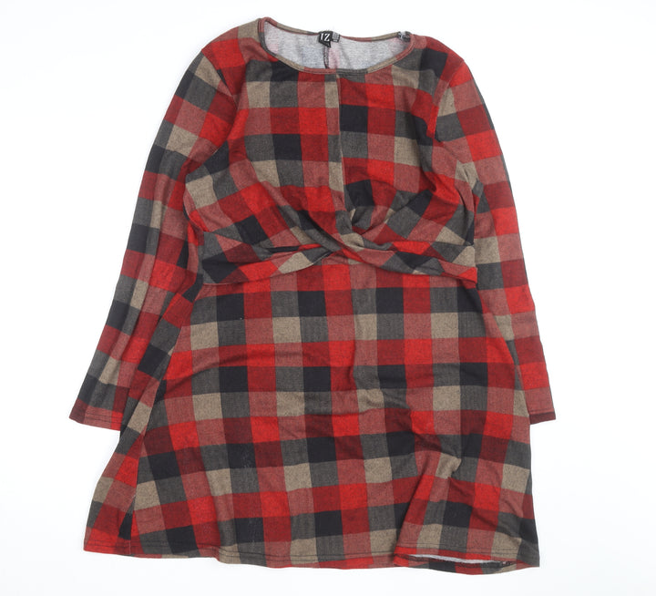 Izabel London Women's Red Check Long Sleeve A-Line Knit Dress Size 18