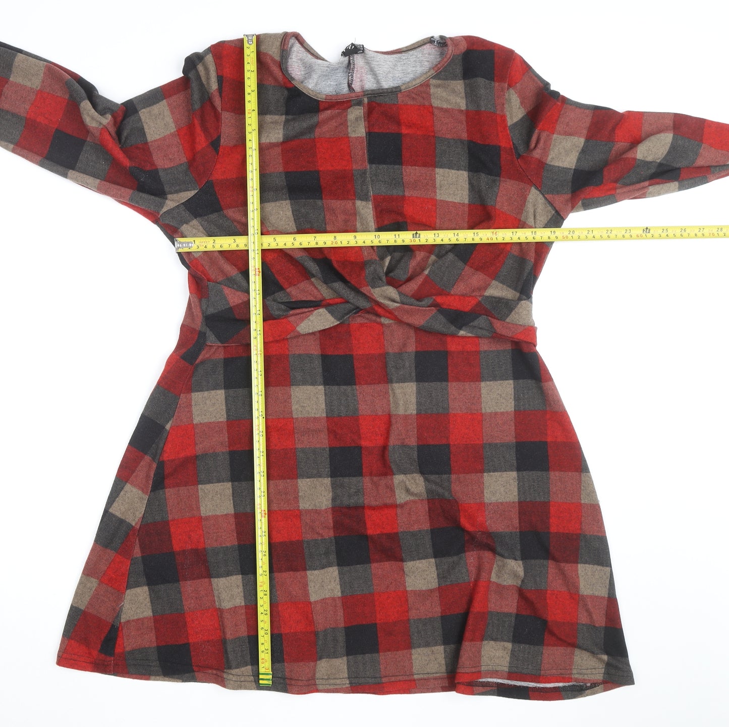 Izabel London Women's Red Check Long Sleeve A-Line Knit Dress Size 18