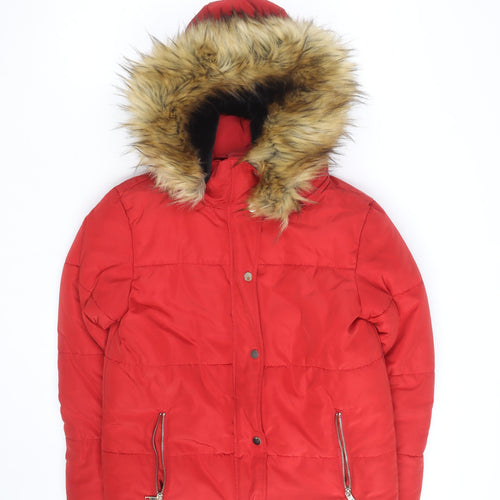 F&F Women's Red Puffer Jacket with Faux Fur Hood Size 8