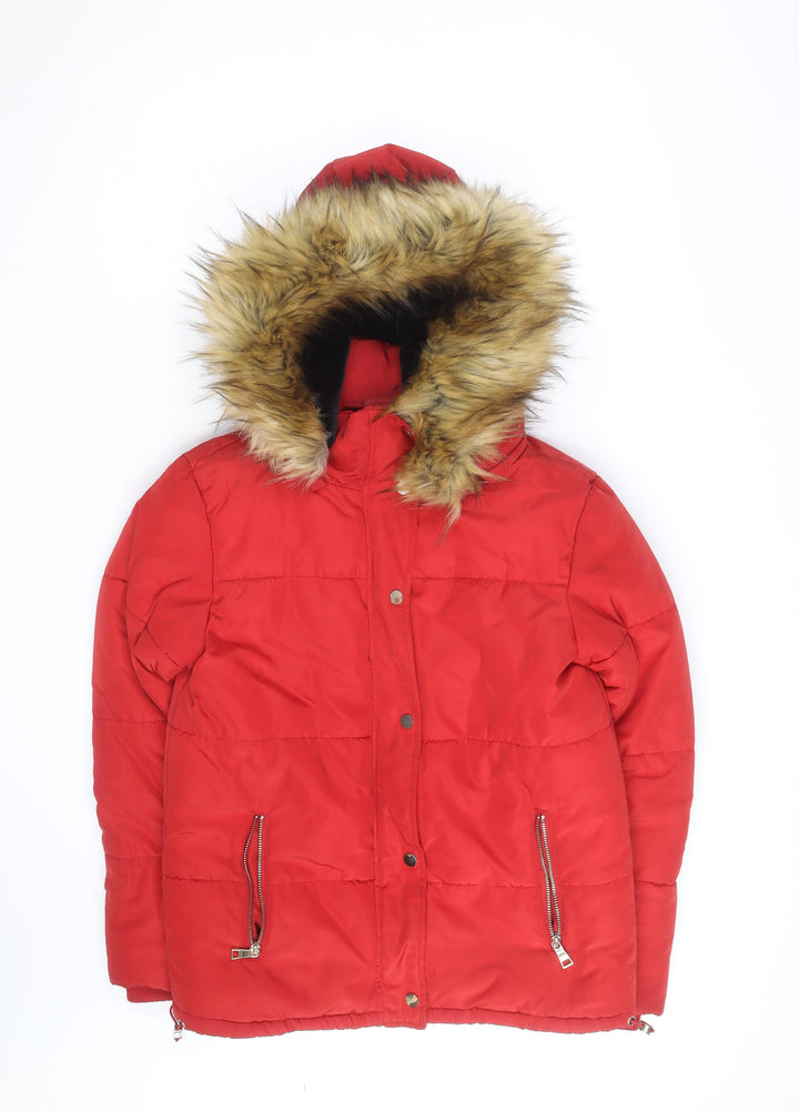 F&F Women's Red Puffer Jacket with Faux Fur Hood Size 8