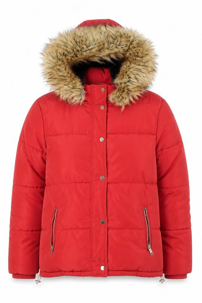F&F Women's Red Puffer Jacket with Faux Fur Hood Size 8