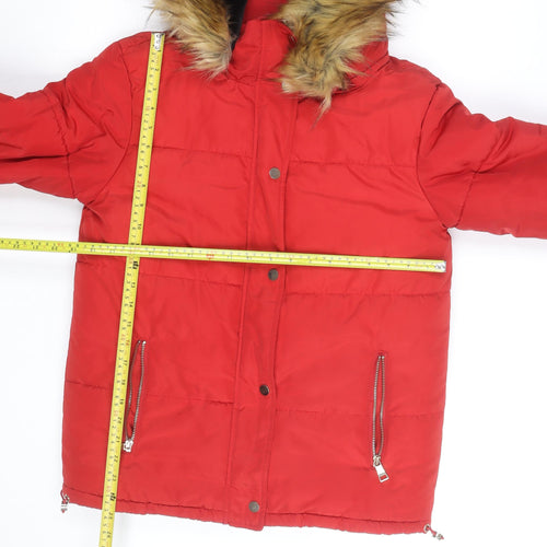 F&F Women's Red Puffer Jacket with Faux Fur Hood Size 8