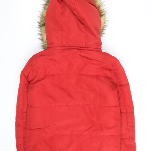 F&F Women's Red Puffer Jacket with Faux Fur Hood Size 8