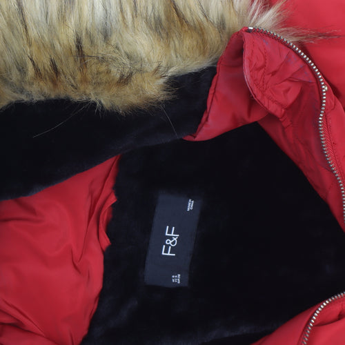 F&F Women's Red Puffer Jacket with Faux Fur Hood Size 8