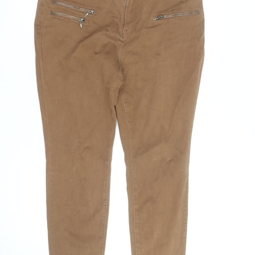 Tu Women Brown Slim Fit Zip Detail Cotton Stretch Trousers Size 16