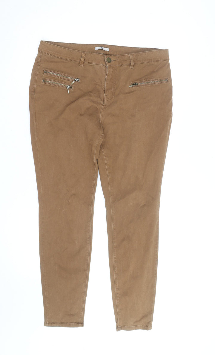 Tu Women Brown Slim Fit Zip Detail Cotton Stretch Trousers Size 16