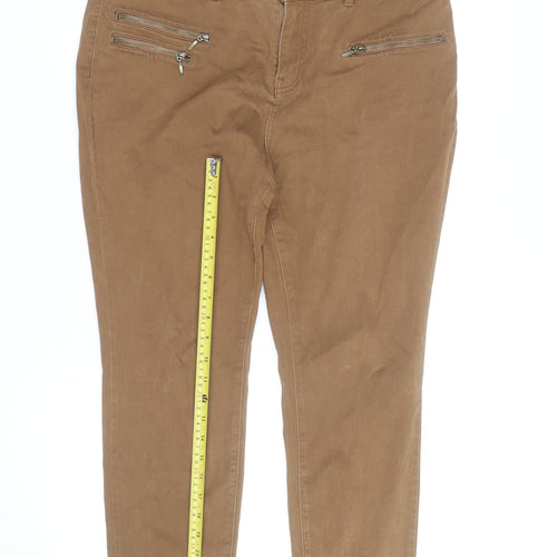 Tu Women Brown Slim Fit Zip Detail Cotton Stretch Trousers Size 16