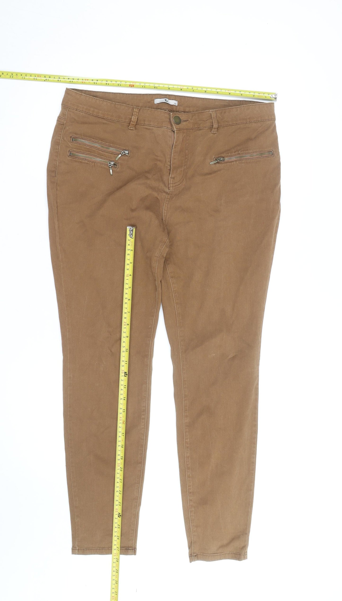 Tu Women Brown Slim Fit Zip Detail Cotton Stretch Trousers Size 16