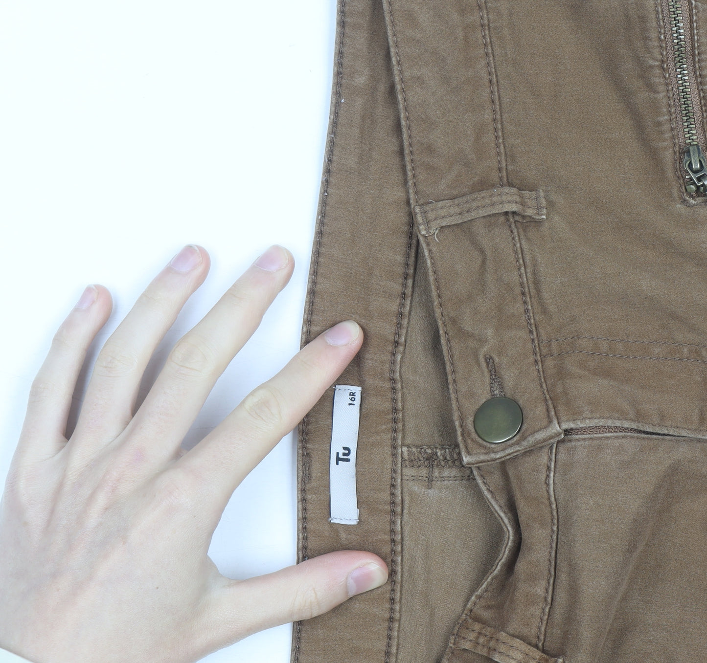 Tu Women Brown Slim Fit Zip Detail Cotton Stretch Trousers Size 16