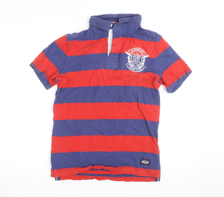 Superdry Men's Blue Red Striped Polo Shirt Medium Yacht Club Cotton