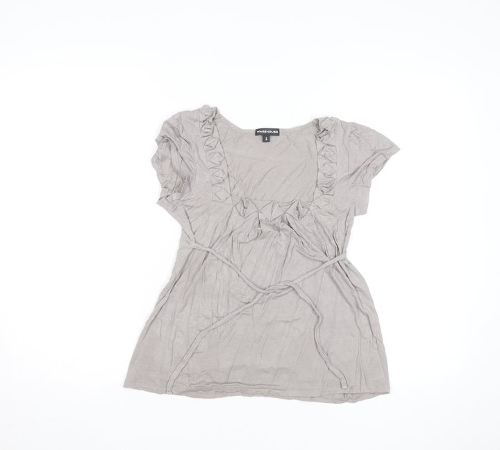 Warehouse Women’s Beige Ruffle Tunic Blouse Size 8 Short Sleeve