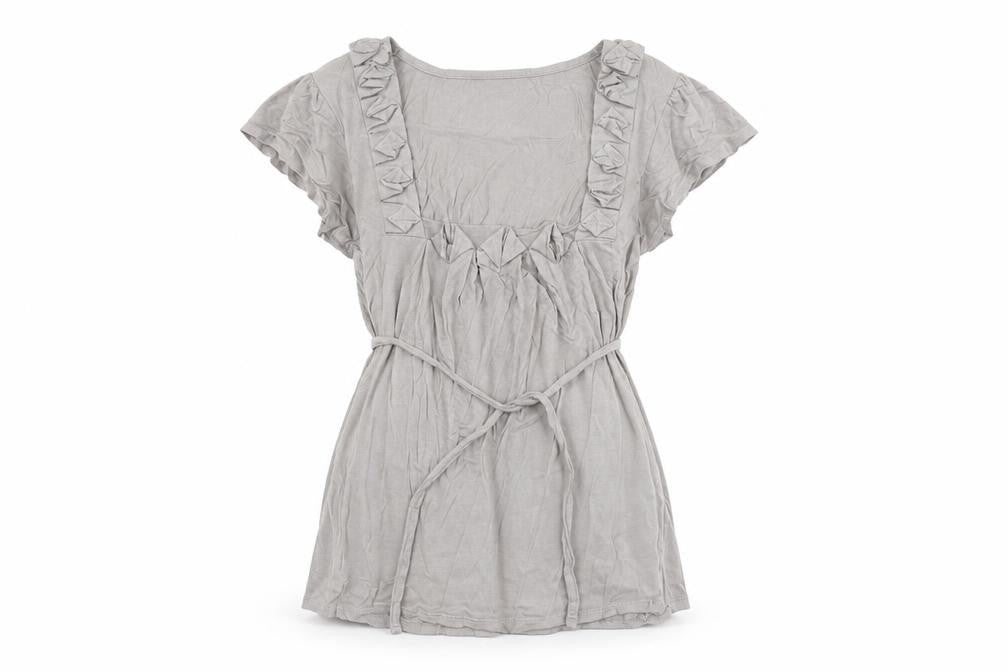 Front view of Warehouse Women’s Beige Ruffle Tunic Blouse, size UK 8, Short Sleeve