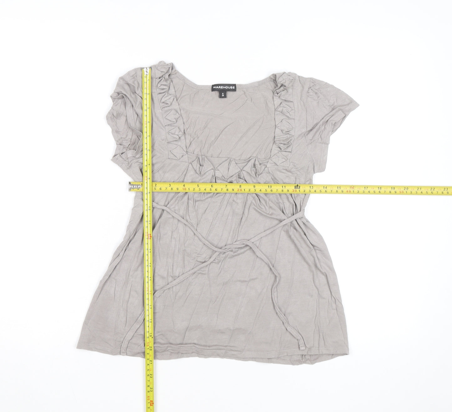 Warehouse Women’s Beige Ruffle Tunic Blouse Size 8 Short Sleeve