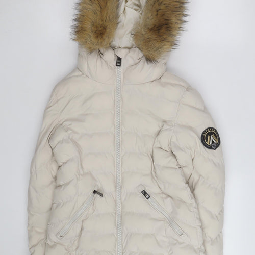 Superdry Women Beige Puffer Jacket Hooded Fur Trim Size M