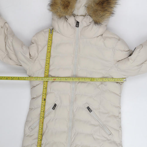 Superdry Women Beige Puffer Jacket Hooded Fur Trim Size M