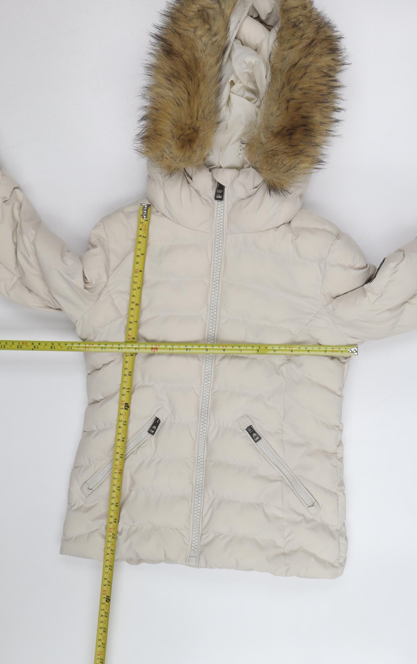 Superdry Women Beige Puffer Jacket Hooded Fur Trim Size M