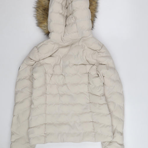 Superdry Women Beige Puffer Jacket Hooded Fur Trim Size M