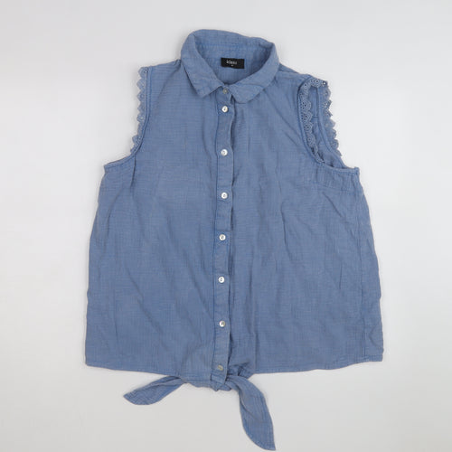 Klass Women's Blue Sleeveless Cotton Collared Button Tie Blouse Size 16