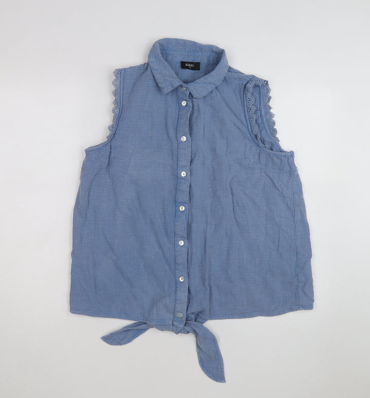 Klass Women's Blue Sleeveless Cotton Collared Button Tie Blouse Size 16