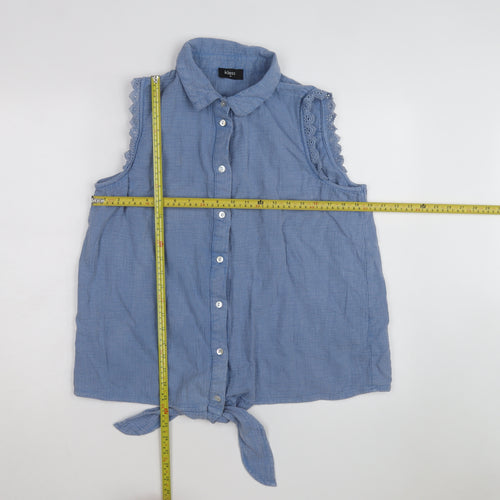 Klass Women's Blue Sleeveless Cotton Collared Button Tie Blouse Size 16