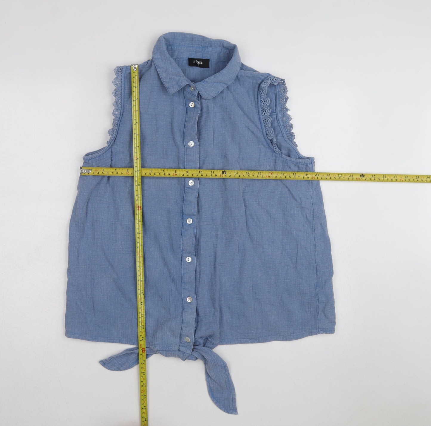 Klass Women's Blue Sleeveless Cotton Collared Button Tie Blouse Size 16