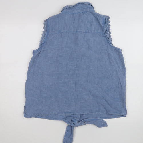 Klass Women's Blue Sleeveless Cotton Collared Button Tie Blouse Size 16