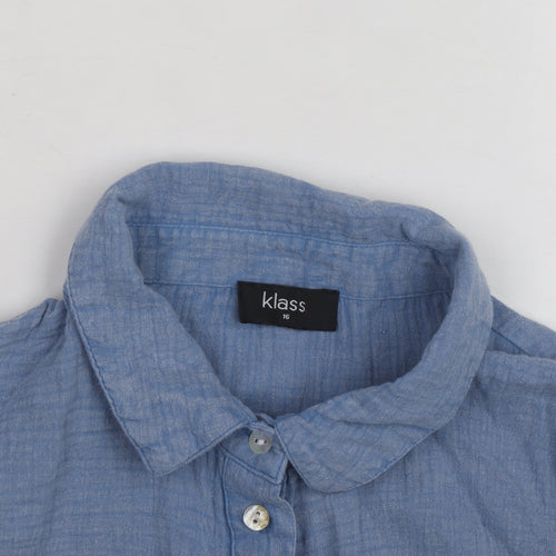 Klass Women's Blue Sleeveless Cotton Collared Button Tie Blouse Size 16