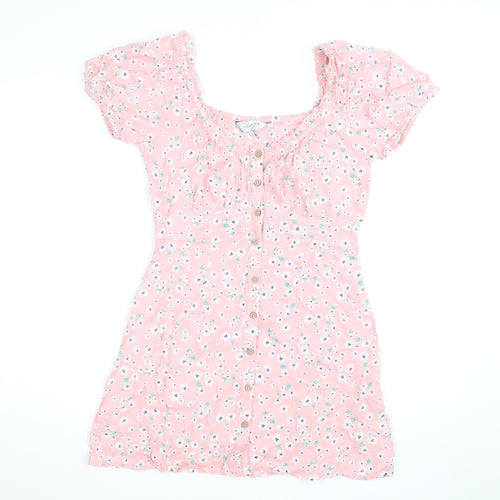 Flooze Women Pink Floral Short Sleeve A-Line Short Dress Size S