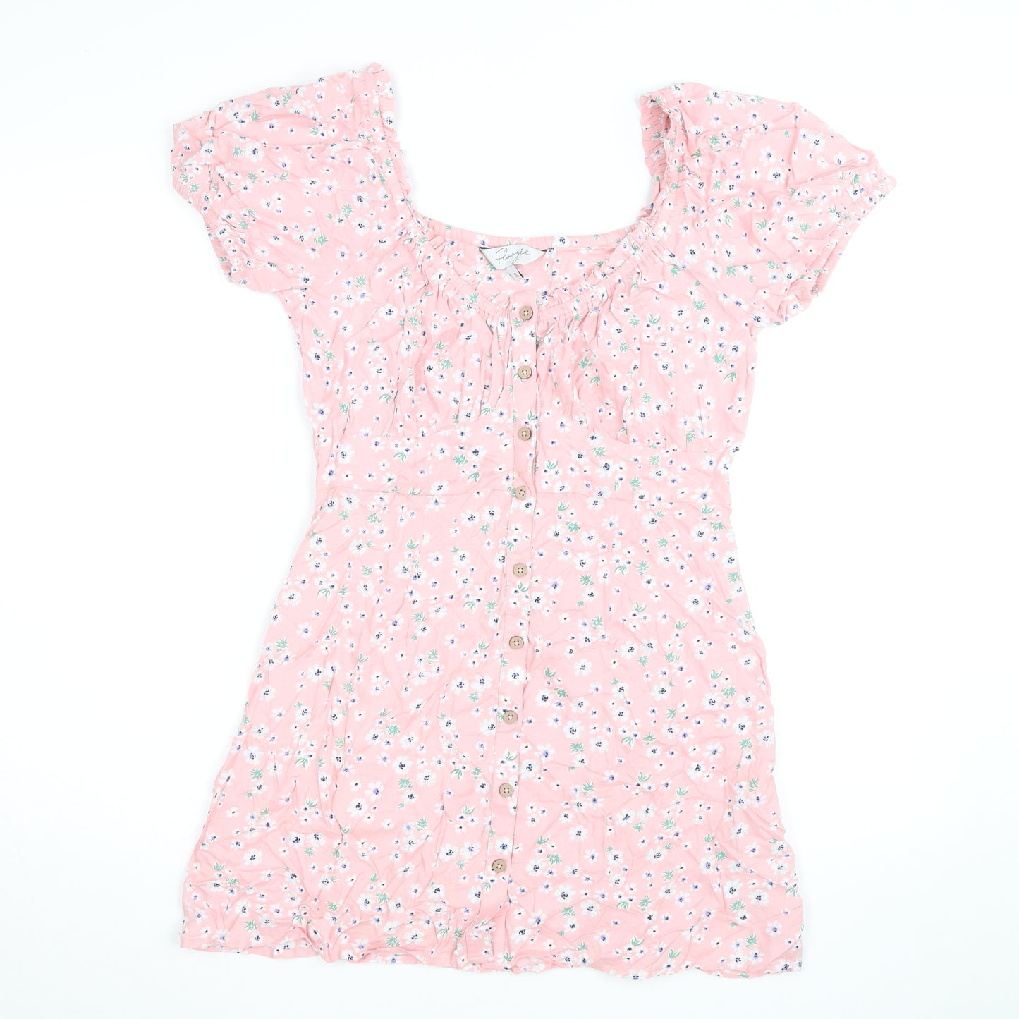 Flooze Women Pink Floral Short Sleeve A-Line Short Dress Size S