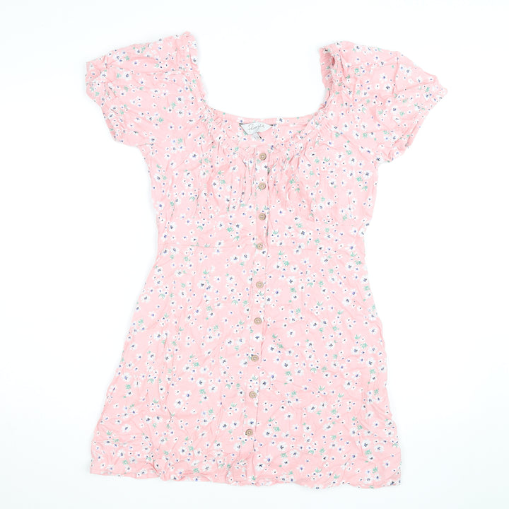 Flooze Women Pink Floral Short Sleeve A-Line Short Dress Size S