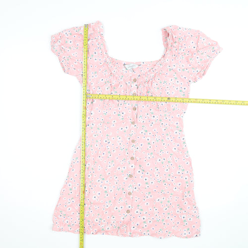 Flooze Women Pink Floral Short Sleeve A-Line Short Dress Size S