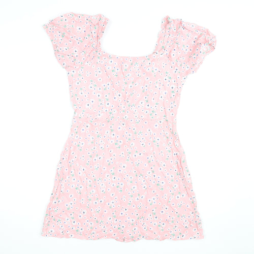 Flooze Women Pink Floral Short Sleeve A-Line Short Dress Size S