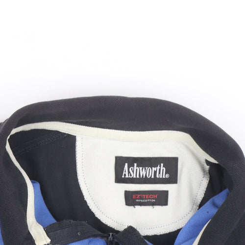 Ashworth Men's Blue & Black Golf Polo Shirt Size L 1/4 Zip Cotton