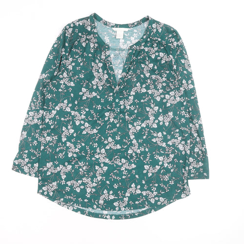 H&M Women’s Green Floral V-Neck Long Sleeve Cotton Tunic Blouse Size 10
