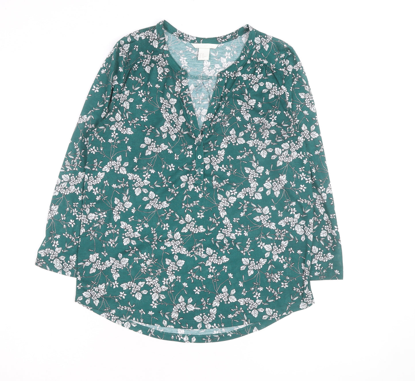 H&M Women’s Green Floral V-Neck Long Sleeve Cotton Tunic Blouse Size 10